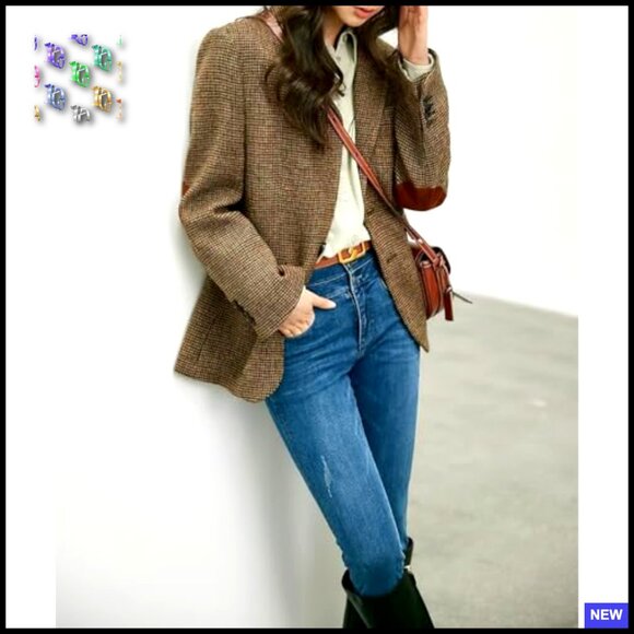 Wool Blend Blazer Classic Plaid Business Casual Work Coat Elegant Retro - Picture 2 of 7